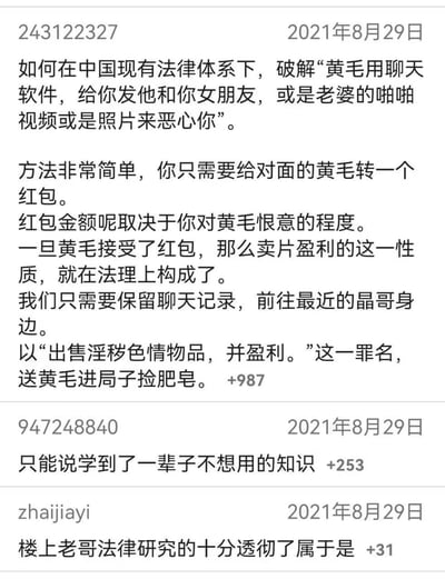 这是2021年8月29日的社交媒体楼层帖截图，楼主提出一个脑洞整活思路：当被称作“黄毛”的人用聊天软件发送其与自己伴侣的私密视频/照片来恶心自己时，通过给对方发送红包，待对方接收后，就可在法理上认定对方构成卖片盈利，再保留聊天记录以“出售淫秽色情物品并盈利”的名义举报对方，将其送进警局；下方两条评论分别表示学到了一辈子不想用的知识、称赞楼主懂法。内容属于网友脑洞的整活法律技巧，无谐音双关等梗，是利用法理逻辑的趣味整活。