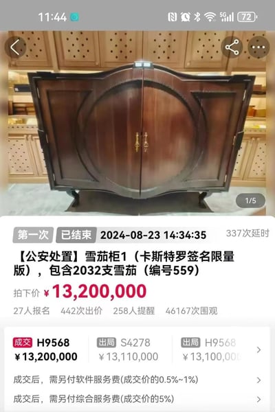 这是一张司法拍卖的网页截图，展示了一款由公安部门处置的卡斯特罗签名限量版雪茄柜（编号559）的拍卖结果。该雪茄柜为深木质带圆形柜门的高端烟具，柜内包含2032支雪茄。拍卖于2024年8月23日14:34:35结束，经历了337次延时，共有27人报名、442次出价、258人设置提醒，累计46167次围观，最终以1320万元的价格成交。成交后买家还需额外支付成交价0.5%~1%的软件服务费和5%的综合服务费。