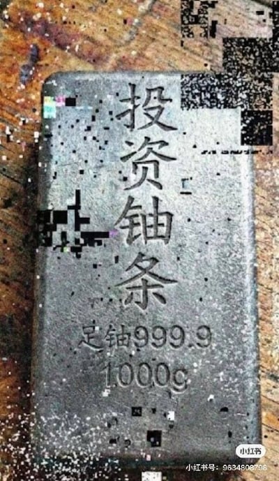 图片展示了一块放置在木质桌面上的灰色金属锭，表面刻有三行文字：顶部为“投资铀条”，中间是“定铀999.9”，底部标注“1000g”。金属锭周围有少量白色斑点，顶部和右侧存在部分像素化模糊区域（疑似水印处理）。右下角可见“小红书”平台标识及用户ID“小红书号: 9634806798”。

图片核心为谐音梗与概念替换：将常见的“投资金条”中的“金”替换为放射性元素“铀”，形成“投资铀条”的荒诞组合，暗讽高风险投资，通过危险元素与“投资品”的反差制造幽默与警示效果。