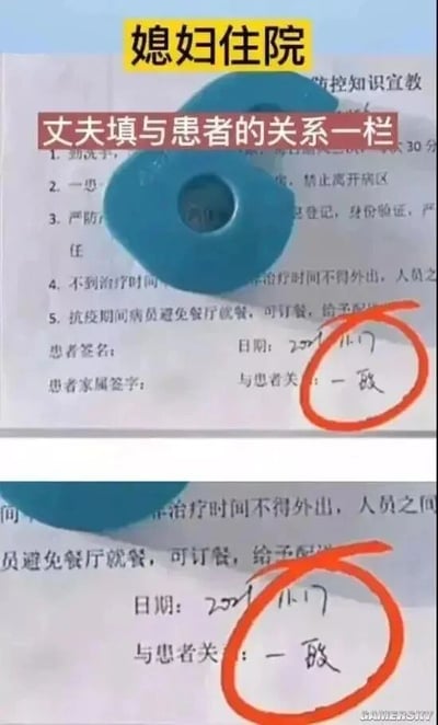 这是一张多图拼接的静态文字加注图，展示了医院的患者家属签字表单。图片上方配有黄色标题“媳妇住院”和红色标题“丈夫填与患者的关系一栏”，明确场景是丈夫为住院的妻子填写相关表单。表单属于医院防控知识宣教相关文件，可见部分住院防控规定，填写日期为2021年11月17日，在“与患者关系”的填写栏中，手写内容为“一般”，并被红色圆圈重点标注。这里运用了谐音梗，“一般”谐音“一妻一伴”，用来调侃夫妻关系，制造出诙谐搞笑的效果，是贴近生活的搞笑梗图。