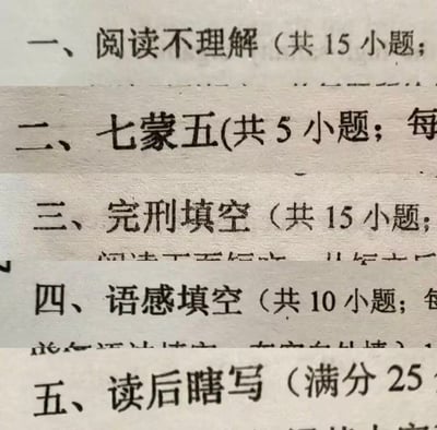 这是一张经过文字修改的英语试卷题型截图，创作者将常规英语考试的题型名称替换为贴合很多人做英语题真实状态的搞笑改字内容：将“阅读理解”改成“阅读不理解”，“七选五”改成“七蒙五”，“完形填空”改成“完刑填空”，“读后写作”类题型改成“读后瞎写”，精准调侃了不少人做英语题时读不懂、靠蒙、无从下笔的窘迫状态，很容易引发学生群体的共鸣。