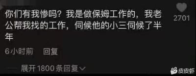 这是一张来自社交平台皮皮虾的社交媒体截图，截图内容为一条用户发布的评论。评论以“你们有我惨吗？”开篇，自述者是一名保姆，称自己的工作是丈夫帮忙找的，没想到竟是去伺候丈夫的小三，且时间长达半年，字里行间充满了无奈与心酸。该评论发布于6小时前，获得了2701个点赞，下方显示有1800条可展开的回复，截图的右下角带有“皮皮虾”的平台水印，整体为纯文字的静态截图，内容扎心，容易引发读者的共情与讨论。
