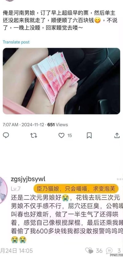 这是一张由两个社交媒体帖子拼接而成的梗图，上方是自称'河南男娘'的用户在类推特平台发帖炫耀，称自己订了早班票，趁服务的单主还没睡醒偷走了600元，并晒出手中的百元人民币；下方是ID为zgsjyjbsywl的用户在国内论坛类平台发帖吐槽，说自己花钱体验三次元男娘的过程极差，对方体验感不好还发出难听的声音，自己中途生气还要哄对方，最后还被对方趁睡着偷走600多块钱，因为特殊情况不敢报警，对比之下觉得二次元男娘更好。两张帖子形成完美对应，充满戏剧性，成为网友调侃的瓜料梗图。