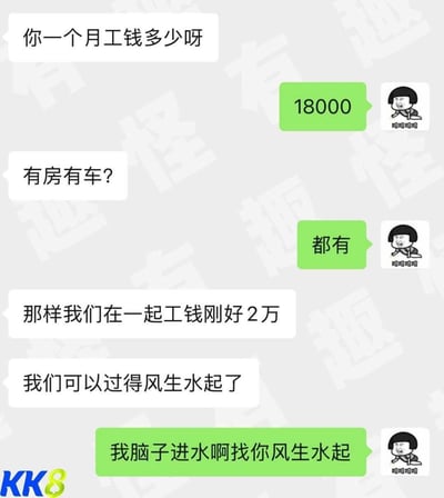 这是一段充满反套路笑点的聊天记录截图：一方先询问对方月薪、房车情况，得知对方月薪18000且有房有车后，算出两人在一起总工资刚好2万，还称这样能过得风生水起，结果被对方吐槽“我脑子进水啊找你风生水起”。对话搭配经典的蘑菇头大笑表情包，将恋爱中关于收入的调侃变得趣味十足，没有双关或谐音梗，全靠直白的反套路对话制造笑点。