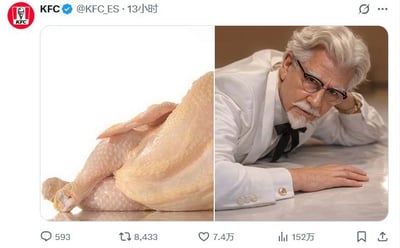 社交媒体截图，左侧为一只生鸡腿特写，肉质鲜嫩；右侧为KFC吉祥物桑德斯上校身着白色西装，佩戴黑框眼镜与领结，单手撑头倚靠在平面上，表情严肃深沉。图片上方显示为KFC官方账号@KFC.ES发布于13小时前，整体采用左右对比构图，通过生鸡肉与上校的神态对比制造幽默效果，引发观众联想。