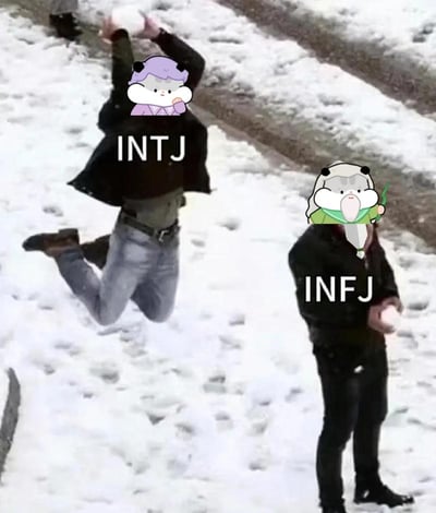 整张图是经过二次编辑的MBTI相关梗图，基底为户外雪地玩雪的实拍场景：画面左侧的人物双腿弯曲高高跃起，双手举过头顶，头部被替换为紫色头发的仓鼠卡通形象，下方标注文字“INTJ”，呈现出亢奋外放的活泼状态；画面右侧的人物站在雪地中，双手捧着雪球，头部被替换为留有白胡子、手持绿色小草的仓鼠卡通形象，下方标注文字“INFJ”，状态沉稳安静，二者的强烈反差用来调侃这两种MBTI人格的性格差异。