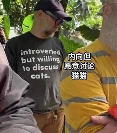 图片展示了户外自然场景中一群人的局部画面，核心人物为一名戴着深色帽子和眼镜的男子，他穿着印有英文标语“introverted but willing to discuss cats.”的黑色T恤，T恤文字上方叠加了中文翻译“内向但愿意讨论猫猫”。背景可见茂密的绿色树叶，整体氛围轻松自然。该图通过T恤上的文字幽默地表达了内向者在猫咪话题上的反差热情，引发宠物爱好者和内向人群的共鸣。