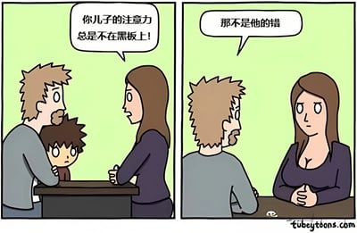 这是一幅两格的卡通漫画。第一格中,一位女老师站在桌子后面,对抱着儿子的父亲说:"你儿子的注意力总是不在黑板上!"。第二格中,父亲看着老师回应道:"那不是他的错",此时可以看到老师穿着较为暴露,暗示儿子注意力不集中的真正原因。