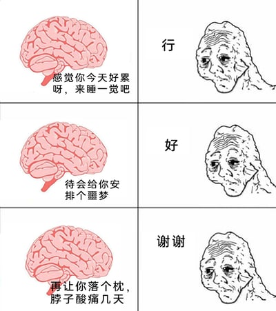 这是一张三格连环梗图，采用图文混排的形式，左侧为大脑的示意图，右侧是代表极度疲惫身体的褶皱抽象形象。第一格中大脑提议“感觉你今天好累呀，来睡一觉吧”，身体麻木地回应“行”；第二格大脑接着说“待会给你安排个噩梦”，身体依旧麻木回应“好”；第三格大脑补刀“再让你落个枕，脖子酸痛几天”，身体还是麻木地回应“谢谢”。图中通过身体面对大脑的“阴间操作”却无力反抗、全盘接受的反差感，精准讽刺了当代人被生活消磨到疲惫麻木的状态，既扎心又充满搞笑的荒诞感，很容易引发当代人的共鸣。