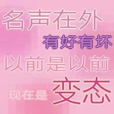 图片整体为粉色渐变背景，上面分布着多行白色和紫色文字。具体内容为：顶部是白色带浅色边框的“名声在外”，中间是紫色的“有好有坏”，下方是浅粉色的“以前是以前”，最底部左侧为浅粉色的“现在是”，右侧为红色带深色边框的“变态”。文字排版错落有致，整体风格偏向 casual 的文字梗图，带有一定的自嘲和调侃意味。