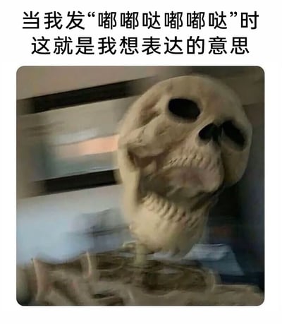 这是一张趣味表情包，上方配有文字“当我发‘嘟嘟哒嘟嘟哒’时 这就是我想表达的意思”，下方是一个呈现出晃动模糊状态的骷髅形象，骷髅的神态麻木又疲惫，仿佛已经失去活力。该表情包用这个夸张的骷髅形象来对应“嘟嘟哒嘟嘟哒”这种看似无意义的重复语气词，实则隐晦地表达出使用者身心俱疲、倦怠摆烂、毫无精神的状态，通过荒诞的视觉效果放大了这种情绪，非常适合在社交聊天中用来传递自己不想动弹、身心疲惫的心情。