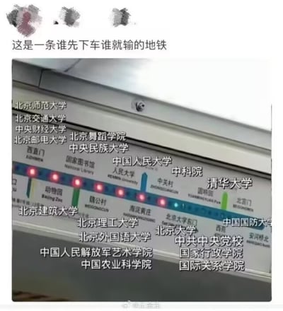 图片展示了一个被修改过的地铁线路显示屏，原本的站点名称被替换成了北京多所知名高校，包括清华大学、北京大学、中国人民大学、中科院等。显示屏上方配有文字“这是一条谁先下车谁就输的地铁”，通过将高校名称类比为地铁站点，幽默调侃了不同高校之间的排名竞争，暗示“下车越早代表学校排名越低”，营造出一种夸张有趣的学术攀比氛围。