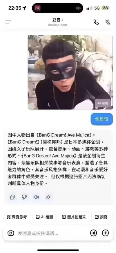 这是一张豆包AI的聊天界面截图，用户上传了一张戴黑色面具的真人男性梗图，提问「他是谁」，豆包错误地将该人物关联到日本多媒体企划《BanG Dream! Ave Mujica》，介绍了该企划的相关信息，但同时表示仅根据这张图片无法确切判断具体人物身份。实际上这张面具人物图是国内的搞笑网络梗图，并非出自该动漫企划，属于AI识别失误的搞笑场景，常被用来调侃AI的错误识别。