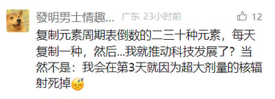 这是一张社交媒体截图，发布者昵称是“發明男士情趣...”，显示所在地为广东，发布时间为23小时前，内容获赞12次。发布者分享了一个充满反差感的搞笑脑洞：设想每天复制元素周期表倒数二三十种元素中的一种，最初以为这样的行为能推动科技发展，但随即自我调侃，实际会在第3天就因为这些元素的强放射性，受到超大剂量核辐射死亡，末尾还搭配了一个流汗的表情，用科学常识制造幽默效果，调侃了元素周期表末尾元素多为放射性元素的特点。