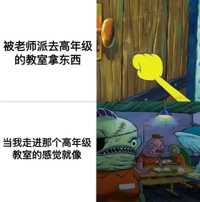 图片为左右对比的图文混排结构。左侧上方文字为'被老师派去高年级的教室拿东西'，下方文字为'当我走进那个高年级教室的感觉就像'；右侧上方是一扇带有金色门把手的木门，一只黄色的手正指向门把手；右侧下方是《海绵宝宝》动画中的监狱场景，画面中有多个表情凶狠、穿着橙色囚服的鱼形角色，有的角色脸上有缝合疤痕，有的张着大嘴露出尖牙，整体氛围显得十分 intimidating。通过文字与画面的结合，幽默地将低年级学生进入高年级教室时的紧张、畏惧感，比喻为误入充满凶悍囚犯的监狱的情景，引发校园生活的共鸣。