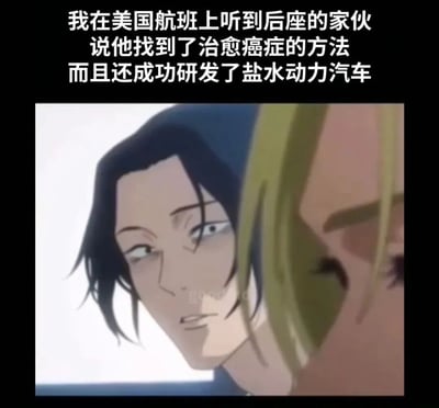 图片上方为文字描述：“我在美国航班上听到后座的家伙说他找到了治愈癌症的方法而且还成功研发了盐水动力汽车”，下方是动漫截图，展示两个男性角色（黑发与金发）对视的场景，黑发角色眼神略带怀疑，金发角色表情不屑，整体通过角色的怀疑表情讽刺现实中常见的离谱、不切实际的吹嘘言论。