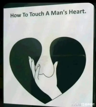 这是一张图文混排的静态搞笑梗图，顶部的英文文字“How To Touch A Man's Heart.”翻译成中文是“如何打动男人的心”。图中主体是一个黑色的心形轮廓，内部的白色图案是一只手摆出的手势，该手势带有明显的暗示性，指向男性私密部位，利用视觉双关的方式，将“打动男人的心”这个表面含义，和带有荤段子性质的暗示含义结合，制造出恶搞、搞笑的效果，属于玩双关梗的趣味图。