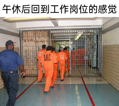 这是一张用于职场情绪抒发的网络梗图，图片顶部配有醒目的中文文字“午休后回到工作岗位的感觉”，下方是一张真实的监狱纪实照片：画面左侧是一名身着深蓝色制服的狱警，正注视着前方多名身穿印有“D.O.C.”字样橙色囚服的服刑人员，这些犯人排成队列，正走向铁栅栏封闭的牢房区域。创作者用犯人被押回牢房的不情愿、压抑的状态，精准比喻打工人午休结束后，被迫回归工作岗位时的抗拒与倦怠，将职场生活比作服刑，戳中众多职场人的共鸣点。