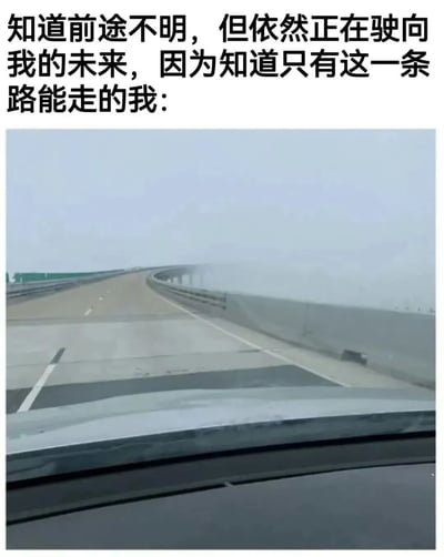 图片上方为黑色文字：'知道前途不明，但是依然正在驶向我的未来，因为知道只有这一条路能走的我：'，下方是一张从汽车驾驶座视角拍摄的高速公路照片，前方被浓雾笼罩，道路延伸至模糊的远方，象征着尽管未来充满不确定性，但仍需继续前行的人生状态。