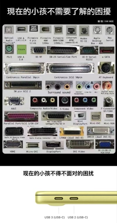这是一张上下对比的趣味玩梗图，上半部分整齐排列展示了数十种已经被淘汰、如今很少在主流设备上使用的老式电子设备接口，包含光纤音频Toslink接口、初代USB A接口、火线Firewire接口、网线RJ45接口、老式电话线Modem接口、苹果老式ADB/Serial接口、PS/2接口、串口COM、RS232、并口、各种SCSI接口、老式音视频接口、VGA、DVI等几十种不同规格接口，每种接口下方都标注了对应的名称，上方配文“現在的小孩不需要了解的困擾”，意指这些老式接口已经退出主流市场，现在的年轻用户不需要再学习分辨这些不同接口；下半部分展示了一款现代轻薄笔记本电脑的侧边，仅设计了两个外观一模一样的USB-C接口，分别标注“USB 3 (USB-C)”和“USB 2 (USB-C)”，配文“现在的小孩不得不面对的困扰”，通过反差对比调侃如今轻薄笔记本厂商为了机身轻薄砍掉所有其他规格接口，仅保留两个Type-C接口，用户需要连接不同外设时反而面临必须依赖拓展坞的新困扰，充满讽刺趣味。