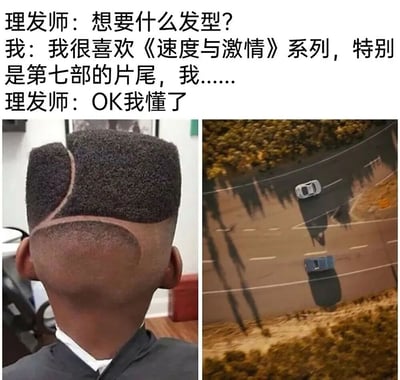 这是一张幽默梗图，上方为理发师与顾客的对话文本：顾客表示喜欢《速度与激情》系列，特别是第七部的片尾，理发师打断说“OK我懂了”。下方左侧是顾客的后脑勺发型，被修剪成类似公路的造型，中间有一道“车辙”；右侧是《速度与激情7》片尾经典的公路分道扬镳场景（多米尼克与布莱恩驾车分别驶向不同方向）。梗点在于理发师将顾客对电影场景的喜爱误解为要求剪一个模仿该公路场景的发型，形成搞笑的视觉呼应。