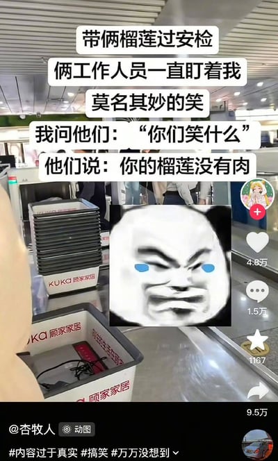 图片展示了一个安检场景，传送带上有行李箱和物品。上方配有对白气泡讲述故事：某人带了两个榴莲过安检，工作人员一直盯着并莫名发笑，询问后得知“你的榴莲没有肉”。中间合成了一张愤怒流泪的熊猫头表情包，底部有抖音风格的互动数据（4.8万赞、1.5万评论、9.5万分享）及标签#内容过于真实 #搞笑 #万万没想到。整体通过幽默故事和夸张表情包制造笑点，反映生活中的意外趣事。