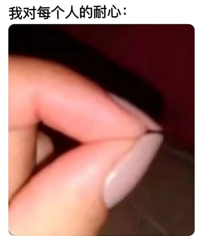 图片上方有黑色文字“我对每个人的耐心：”，下方是一张真人手部特写照片。照片中拇指和食指做出捏合的动作，两指之间只留下极小的缝隙，通过这种视觉对比幽默地表达了“耐心非常少”的含义，整体风格轻松诙谐，常用于日常吐槽场景。