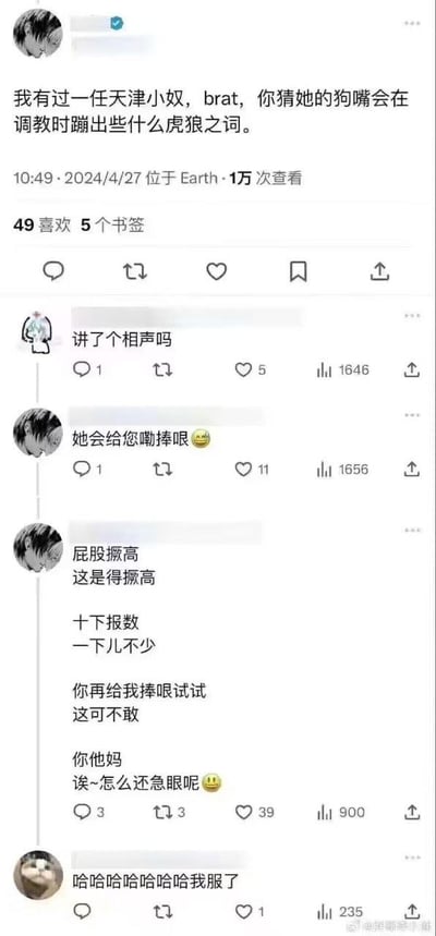这是一段社交平台上的搞笑互动内容，楼主先发帖提及自己曾有一位天津籍的brat（指BDSM圈子里喜欢调皮反抗的受方），好奇她在调教场景中会说出怎样的“虎狼之词”。有评论者调侃这场景像“讲了个相声”，楼主随即顺着这个梗，模仿天津相声的捧哏逗哏对话形式，编排出一段充满天津方言特色的互动台词，将原本严肃的调教场景彻底转化为搞笑的相声现场：对话里既有类似指令的内容，又穿插着捧哏式的接话，甚至在出现脏话时还以相声式的圆场化解，形成强烈的反差喜剧效果。最后有评论者表示被这段内容逗得“服了”，整体互动充满欢乐的搞笑氛围，核心笑点在于地域方言风格与特殊场景的反差结合。