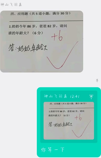 整图分为上下两部分，上半部分是一张数学试卷的应用题截图，题目为“奶奶今年86岁，爸爸82岁，请问谁的年龄大？”，答题者写下“答：奶奶年龄大”的答案，获得了批改的红勾和满分6分；下半部分是聊天界面的消息卡片，发送者“神山飞羽真”转发了上述试卷截图，并且在卡片下方配文“你等一下”，笑点在于题目设定的年龄逻辑严重不符合现实常理，奶奶仅比爸爸大4岁是完全不可能的，回复“你等一下”是发送者察觉到这一不合理之处，准备吐槽的前兆。