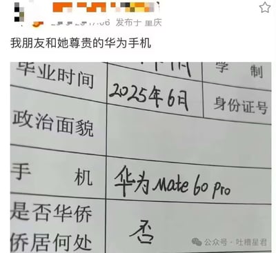 图片上方配有文字“我朋友和她尊贵的华为主”，下方是一张纸质表格的照片。表格中可见“毕业时间”栏手写填写“2025年6月”，“手机”栏醒目地手写标注“华为Mate 60 Pro”，“是否华侨”栏填写“否”。通过将手机型号郑重填写进正式表格的幽默方式，调侃朋友对华为手机的珍视态度。