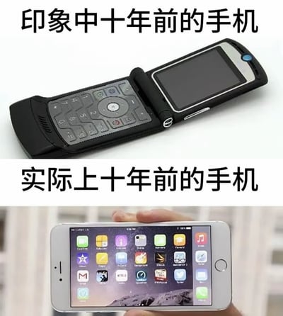 这是一张上下结构的对比类梗图，整体分为上下两个板块：上半板块顶部配黑色大字“印象中十年前的手机”，下方配图是经典的摩托罗拉翻盖按键功能机，机身带有物理数字按键与小尺寸非触控屏幕，是早期功能机的代表性造型；下半板块顶部配黑色大字“实际上十年前的手机”，下方配图是被人手握持的苹果触屏智能手机，屏幕已经铺满各类应用图标，是已经成熟的智能机形态。作品通过大众错误记忆和实际情况的强烈反差，调侃不少人对移动数码设备的普及时间存在认知偏差，凸显智能手机迭代普及的速度远超大众印象。