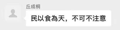 这是一张聊天记录截图，画面中显示名为「丘成桐」的用户发送了一条带对白气泡的消息，内容为「民以食为天，不可不注意」，以此强调饮食的重要性，图中没有双关、谐音梗或暗示内容。