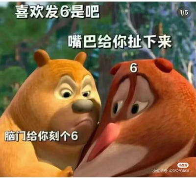 这是一张基于国产动画《熊出没》角色进行二次创作的搞笑怼人表情包。画面中熊二表情凶狠地凑近熊大，搭配文字“喜欢发6是吧”“嘴巴给你扯下来”“脑门给你刻个6”，同时熊大的脑门上被P上了数字6，熊大则露出委屈无奈的神情。该表情包以夸张的怼人方式，调侃那些在社交聊天中习惯用“6”来敷衍、阴阳怪气的人，用反差感制造搞笑效果，适合在聊天时用来回怼这类行为。