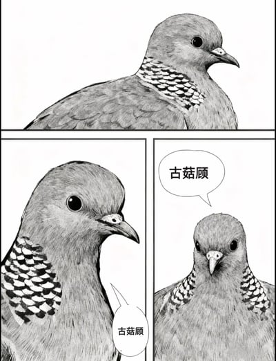 这是一张基于"苦命鸳鸯"网络梗创作的三格连环漫画，全部采用黑白素描风格绘制。上半部分是一只鸽子的特写，中间左侧是另一只鸽子的特写，中间右侧是一只鸽子的正面像，配有写着"古菇顾"的对话气泡。整幅图通过鸽子的形象和重复的"古菇顾"对白，模仿了原版"苦命鸳鸯"梗图的对话形式，创造出幽默效果。