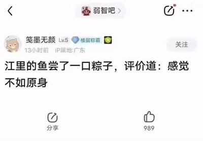 这是一张百度贴吧「弱智吧」的用户发帖截图，楼主「笺墨无颜」发布了一个拟人化的冷笑话：江里的鱼尝了一口粽子，评价道「感觉不如原身」。这个段子是双关梗，粽子的粽叶原本多生长在水边，是鱼在江里能接触到的植物，这里的「原身」指代粽叶，用拟人的方式让鱼评价粽子，制造出无厘头的冷幽默效果。帖子发布于13小时前，IP属地为广东，目前获得了989个点赞。