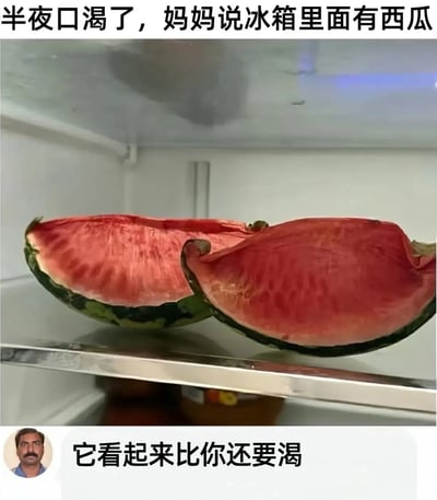 半夜口渴时，妈妈告诉冰箱里有西瓜，打开冰箱却看到两半看起来已经脱水、像是比人还渴的西瓜。图片上方文字为“半夜口渴了，妈妈说冰箱里面有西瓜”，下方配有“它看起来比你还要渴”的吐槽文字，通过西瓜干瘪的状态制造幽默效果，展现生活中的小意外和趣味。