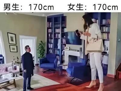 图片上方分别标注“男生：170cm”和“女生：170cm”，下方是一个客厅场景。左侧男生穿着深色衣物，体型显得较为矮小，正抬头看向右侧；右侧女生穿着白色上衣和白色裤子，脚踩高跟鞋，手持手机，体型明显高于男生。尽管标注身高相同，但通过视觉比例夸张处理，形成强烈反差，以此调侃现实中男女身高感知差异的现象。