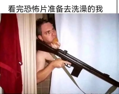 这张梗图展示了一个人在浴室准备洗澡，但手持猎枪探出浴帘，神情紧张。配文为“看完恐怖片准备去洗澡的我”，形象还原了许多人在看完恐怖片后对日常场景产生过度恐惧和自我防卫的夸张心理状态。画面幽默，情绪紧张和搞笑并存，表现了观众对恐怖片后遗症的共鸣。

没有明显的双关或谐音梗，但利用了反差和夸张手法来表达情境。