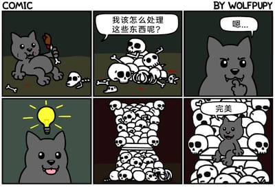 这是一幅六格连环漫画，主角是一只灰色卡通猫咪。第一格中，猫咪正啃着带血的骨头，身旁散落着小动物的骷髅和骨头，看起来刚完成捕猎进食；第二格，猫咪面对一堆人类和动物的骷髅，露出疑惑的表情，开口问道“我该怎么处理这些东西呢？”；第三格，猫咪皱着眉，用爪子抵着下巴，陷入思考，发出“嗯...”的沉吟；第四格，猫咪头顶亮起代表灵感的黄色灯泡，表情变得开心，显然想出了办法；第五格，猫咪把骷髅整齐地堆叠起来，做成了一个沙发的形状；第六格，猫咪惬意地坐在骷髅沙发上，笑着说“完美”，对自己的创意十分满意。漫画用黑色幽默的方式，展现了猫咪的脑洞，将捕猎后的骷髅废物利用，反差感拉满，十分搞笑。