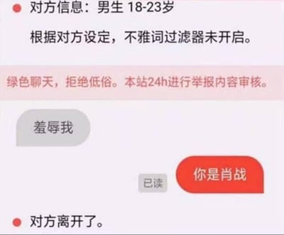 该图片为聊天记录截图，显示了一段简短的对话场景。顶部系统提示显示对方为18-23岁男性，且根据对方设定，不雅词过滤器未开启，下方配有平台提示“绿色聊天，拒绝低俗。本站24h进行举报内容审核。”。对话内容中，对方发送灰色气泡消息“羞辱我”，己方以红色气泡消息回复“你是肖战”并显示“已读”状态，随后系统提示“对方离开了。”。整图通过聊天界面的对话和结果，形成一种带有调侃意味的场景。