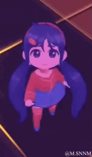 这是一段3D渲染的原创卡通女孩动态动画，女孩有着深蓝色长双马尾发型，身穿红色上衣与蓝色短裙，在画面中做出眨眼、身体轻轻晃动的动作，整体风格软萌可爱，没有双关、谐音梗或暗示类内容。