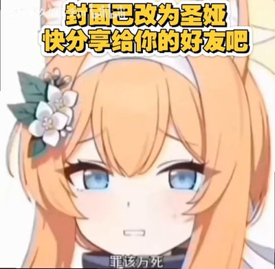 图片展示了一个金发蓝眼的动漫女孩，她的头发上戴着白色花朵装饰。女孩表情平静略带忧伤，直视前方。图片上方有黄色文字"封面已改为圣娅 快分享给你的好友吧"，底部有文字"罪该万死"。