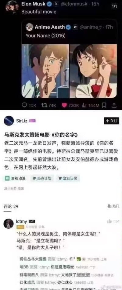 这是一张整合了多平台内容的图文混排截图，顶部是X平台（原推特）的动态截图：马斯克转发推主Anime Aesth分享的动画电影《你的名字。》的男女主立花泷、宫水三叶的剧照，并配文“Beautiful movie”；中间是中文自媒体账号SirLiz的报道内容，介绍马斯克发文赞扬《你的名字。》，提及马斯克喜爱二次元的过往事迹；底部是中文社交平台的评论区，网友lctmy玩梗创作了一段对话：“什么人的灵魂是男生，肉体却是女生呢？”“马斯克：‘是立花泷吗？’”“错，是你的大儿子啦！”，这个梗结合了《你的名字。》里男女主灵魂互换的设定，调侃马斯克儿子的名字奇特，用双关制造搞笑效果。