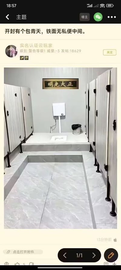 这是一张中文社区的发帖截图，属于搞笑梗图。帖子顶部配文化用《包青天》主题曲的经典歌词，将原句“铁面无私辨忠奸”谐音改为“铁面无私便中间”，下方配图是公共男厕所的内部场景：通道左右两侧分布着多间隔断蹲位，通道正对面的墙面、居中蹲位的上方悬挂着原本仅古代衙门才会使用的“明光大正”牌匾，正中间位置设置了公共蹲便器，搭配冲水箱和垃圾桶，整体布局神似古代公堂的排布，把严肃的公堂元素放置在厕所场景中，结合谐音梗形成了强烈的反差笑点。