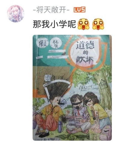 这是一张社交媒体发布内容的截图，顶部是发布者的头像、昵称“-将天敞开-”和LV5等级标识，发布配文为“那我小学呢”，搭配两个双眼冒星的兴奋表情；下方配图是被涂鸦改造过的小学《道德与法治》课本封面，原书名被涂改后变成“道德的败坏”，封面上方写有“假货”字样，年级标识被改成“零年级”，封面原有的三名儿童户外插画也被修改，添加了爆炸头、长鼻子、眼罩、纹身等搞怪元素，整体是典型的小学生恶搞课本的操作，充满趣味，很容易引发大众对学生时代在课本上涂鸦的经历的共鸣。