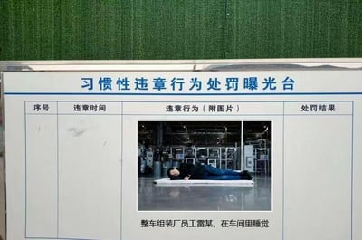 这是一张工厂内部的「习惯性违章行为处罚曝光台」实拍图，采用图文混排的表格形式。表格分为序号、违章时间、违章行为（附图片）、处罚结果四个栏目，其中仅「违章行为（附图片）」栏有内容：展示了整车组装厂员工雷某躺在车间光滑地面的垫子上睡觉的照片，照片下方配有文字说明「整车组装厂员工雷某，在车间里睡觉」，其余栏目均为空白。这张图是工厂对员工上班时间违规在车间睡觉的处罚公示，用于警示其他员工遵守职场行为规范，图中没有双关、谐音梗等内容。