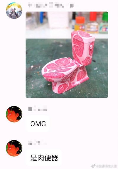 这是一张来自微博的社交媒体聊天截图，画面上方展示了一个经过创意涂装的迷你马桶模型，其表面被绘制出高度仿真的生肉纹理，红白相间的纹路让马桶看起来像是由生肉构成。下方是用户的两条评论，先是用“OMG”表达看到这个奇怪设计的惊讶，接着玩谐音梗，将“便器”与“肉”结合，调侃这个模型为“肉便器”，通过谐音制造出荒诞搞笑的效果，让人对这个离谱的创意设计印象深刻。