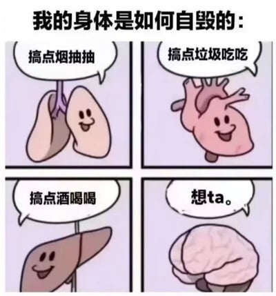 这是一张四格连环漫画，标题为“我的身体是如何自毁的：”。每个格子中分别是拟人化的肺、心脏、肝脏和大脑，它们都带着微笑表情，并用对白气泡说出导致自身受损的行为：肺说“搞点烟抽抽”，心脏说“搞点垃圾吃吃”，肝脏说“搞点酒喝喝”，大脑说“想ta。”。通过幽默的方式讽刺了不良生活习惯对身体各器官的伤害。