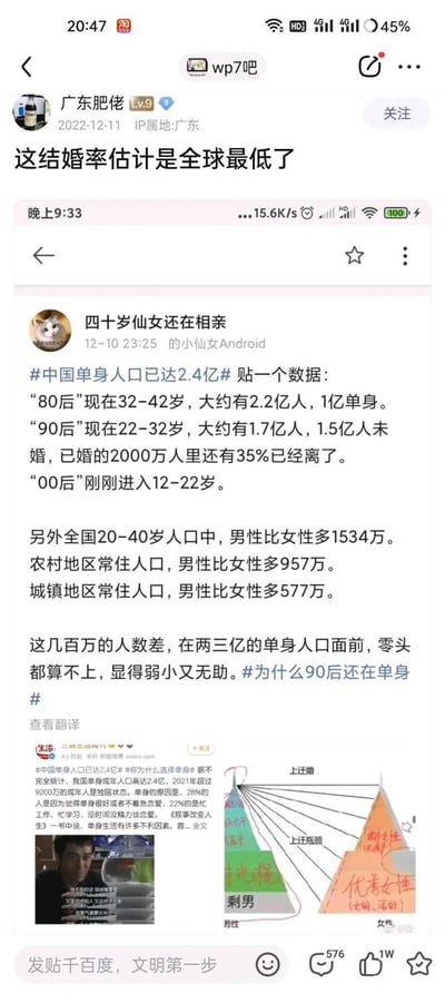 这是百度贴吧wp7吧用户「广东肥佬」于2022年12月11日转发的一则关于中国当代单身人口与婚恋现状的讨论内容，原内容来自微博用户「四十岁仙女还在相亲」。内容中详细列出了80后、90后、00后的年龄区间与婚恋状态数据，以及全国20-40岁、农村和城镇的男女人口性别差数据，指出在两三亿的单身人口规模下，性别差的影响显得微不足道；同时还附带了微博上关于单身人口数量、单身原因的统计内容，以及一张自制的「剩男-女性婚恋分层」示意图，直观呈现了不同层级男女的婚恋困境，整体内容围绕当代年轻人单身、结婚率低的社会现象展开讨论，传递出对该现状的感慨与无奈。