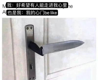 图片上方为两行对比文字，第一行写着“我：好希望有人能走进我心里”，表达了渴望他人理解和亲近的愿望；第二行“也是我：我的心门be like”则引出下方的照片内容。照片中，一扇白色门的金属把手上插着一把刀刃朝外的不锈钢菜刀，刀刃几乎完全挡住了门把手，形成一种“想开门却被刀阻挡”的视觉效果。
图片通过文字与现实场景的幽默类比，生动展现了人们内心渴望社交却又自我设限、害怕受伤的矛盾心理——嘴上说着希望有人走进心里，实际却在“心门”上设置了难以逾越的障碍。
